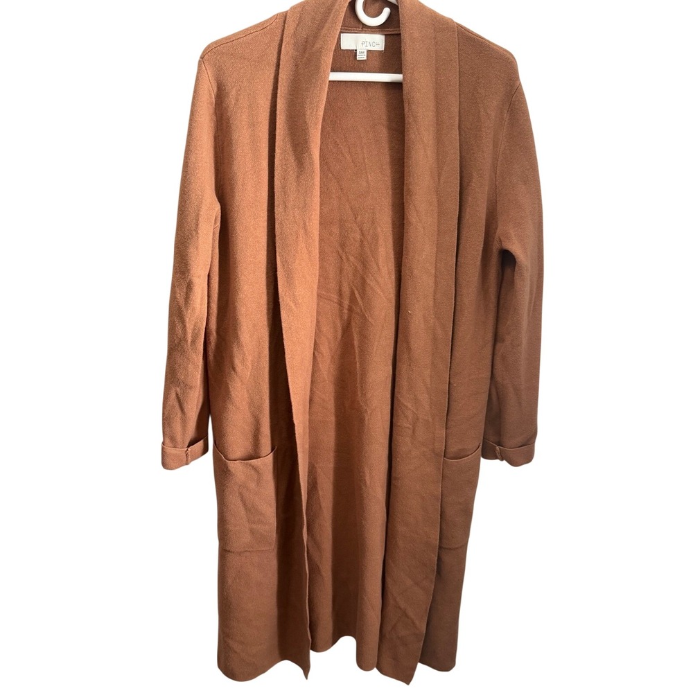 Pinch Caramel Knit Long Duster Cardigan Sweater Open Front Pockets S/M Brown